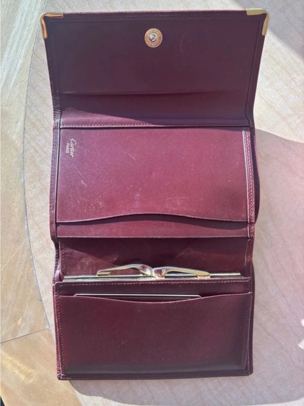 Cartier Burgundy Leather Wallet with Gold-Tone Corner Accents